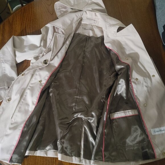 Calvin Klein Coat SM Beige Cream Double Breasted Trench Hood Satin Lining - Picture 13 of 16